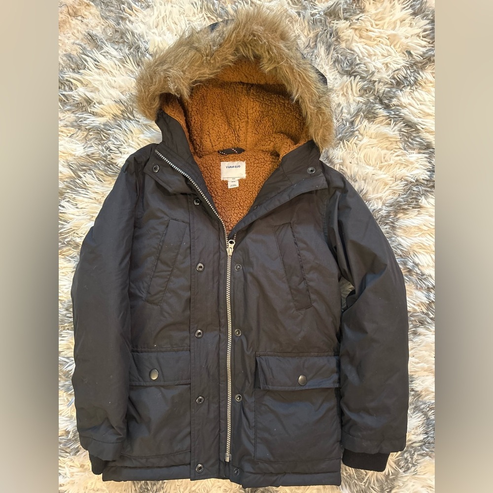 Youth Size Medium (8) Old Navy Black/ Brown Fur Hood Puffer Coat